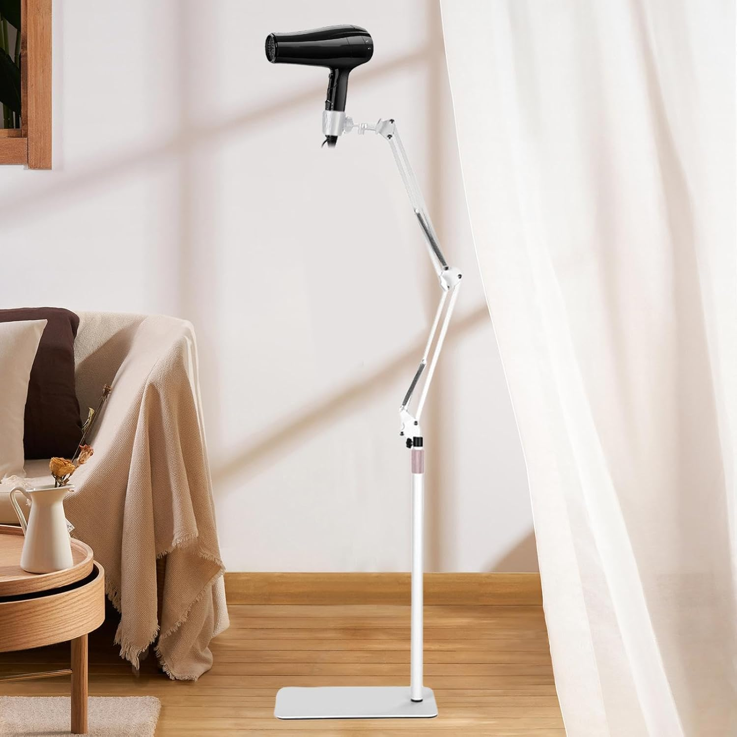 Lazy Dryer Stand Blow Dryer Holder with Heavy Base Floor Standing Adjustable Height Angle for Dog Cat Grooming Household, White - White image number 1