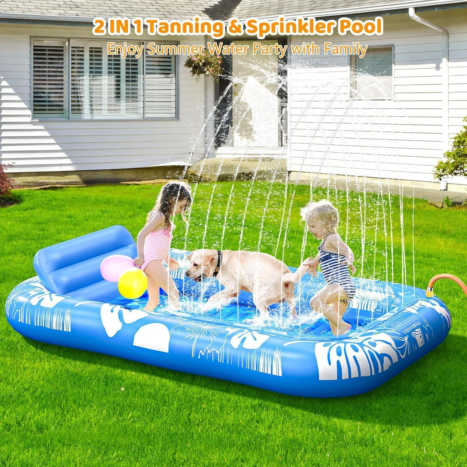 Inflatable Tanning Pool Lounger Float with Sprinkler, 214CM X 145CM Pool Floats Adult with Pillow, 6 in 1 Tub Raft Floatie with Drink Holder Sunbathing Water Lounge image number 2