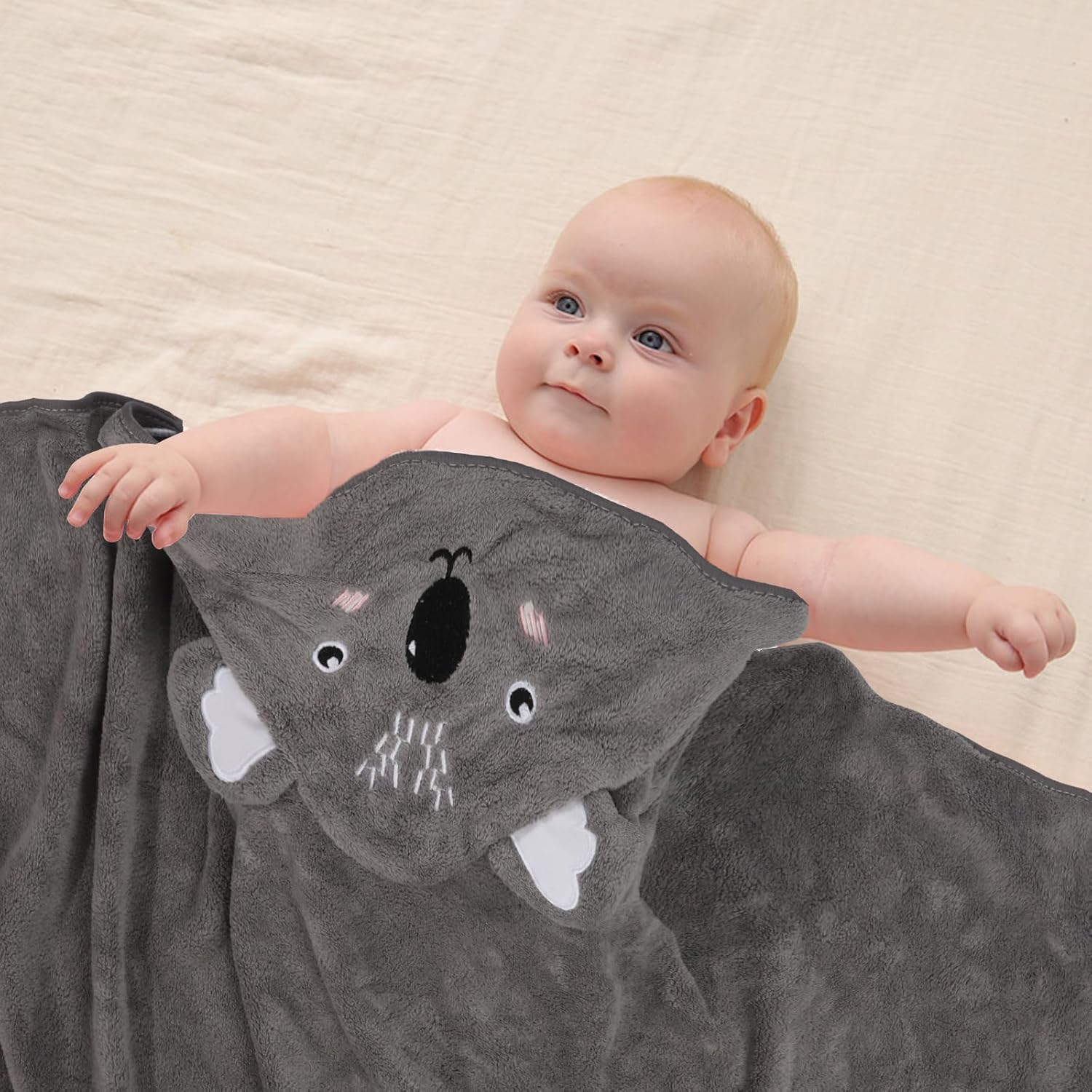 BBXWANG Cotton Hooded Baby Towel, Cute Baby Bath Towel for Newborns, Infants, Toddlers, Baby Towels with Hood for Girls Boys (Gray Koala) - Gray Elephant image number 6