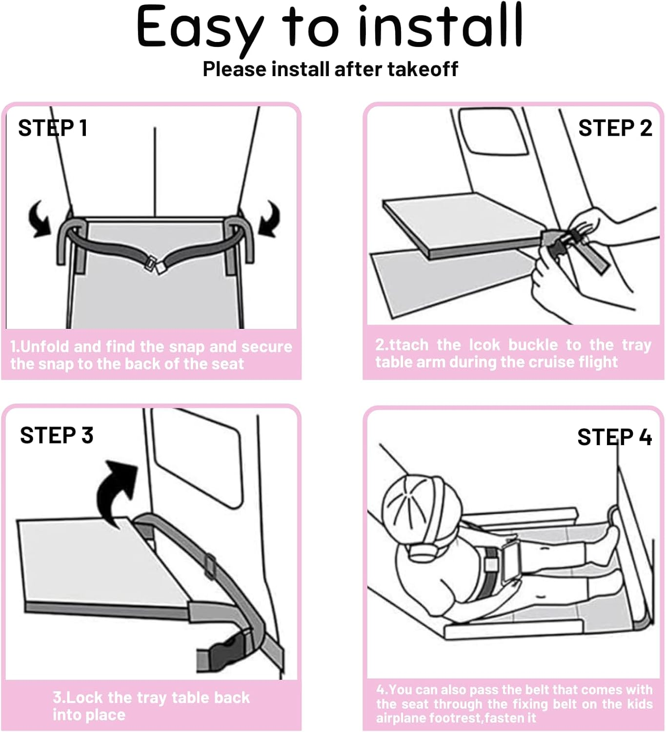 Airplane Travel Bed for Kids, Airplane Seat Extender Portable with Side Pocket, Airplane Travel Accessories for Kids, Foot Leg Rest Hammock Cot for Flights, Compact&Light (Pink)