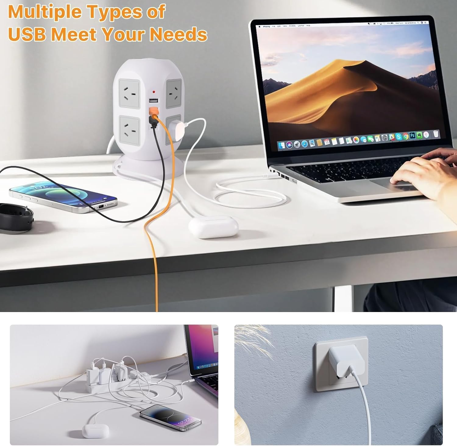 Tower Surge Protector Power Strip 10 Ft, Long Extension Cord with Multiple Outlets, 8 AC Outlets with 4 USB Ports (1 USB C), Charging Station Surge Protection, for Home Office Dorm (White) image number 4