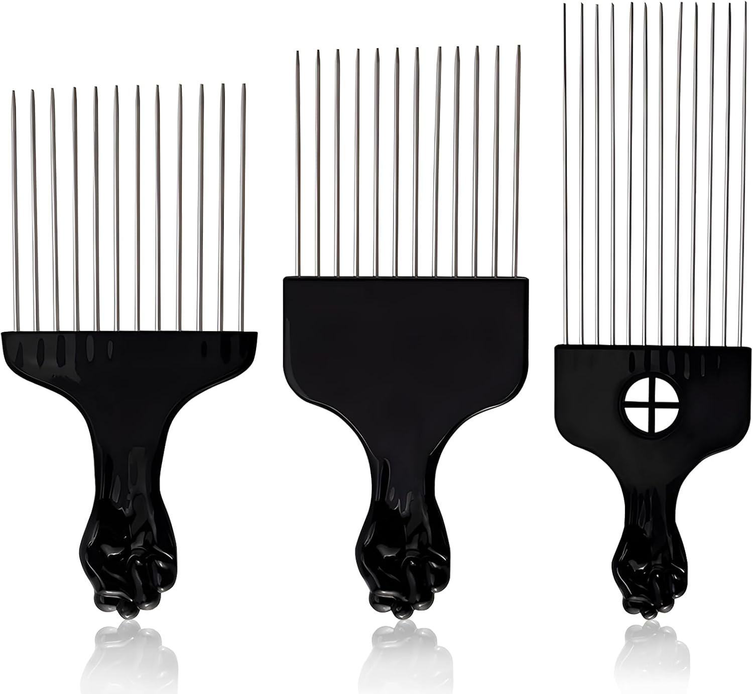 Stylish 3-Piece Black Metal Afro Hair Pick Set: Stainless Steel Wide-Tooth Combs with Classic Fist Design, Essential for Curly & Afro Hair Care and Styling image number 6
