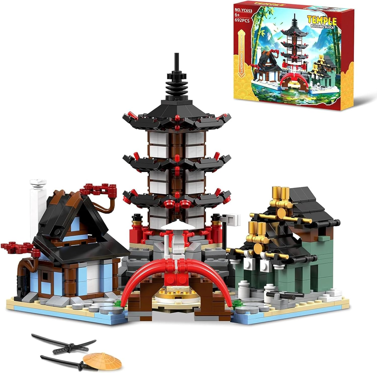 QLT QIAOLETONG MOC Temple Building Kit, Ninja Warrior Temple, Samurai Pagoda, Bridge and House, Compatible with  (692 Pieces) image number 5