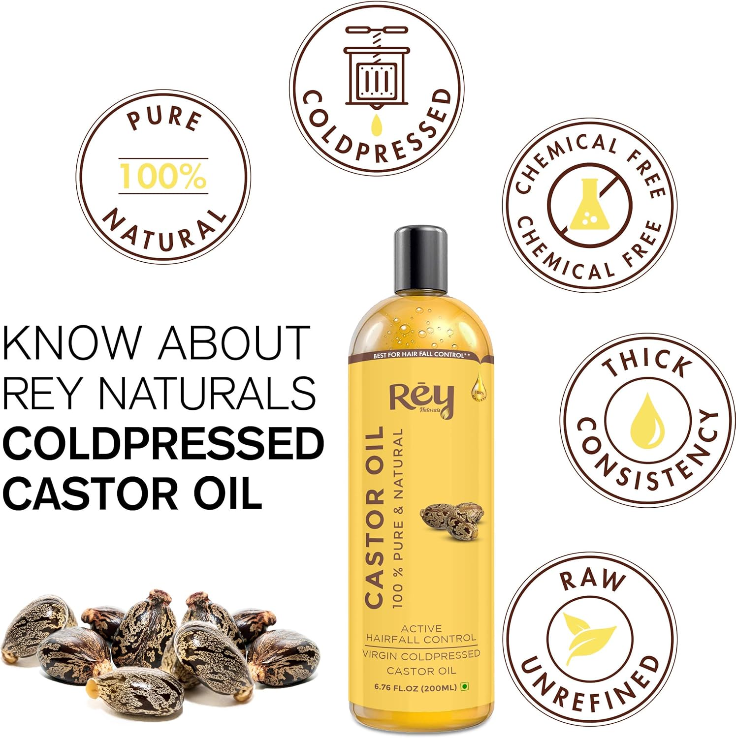Rey Naturals Cold Pressed Castor Oil & Sweet Almond Oil - for Hair & Skin - 200Ml + 200Ml image number 1