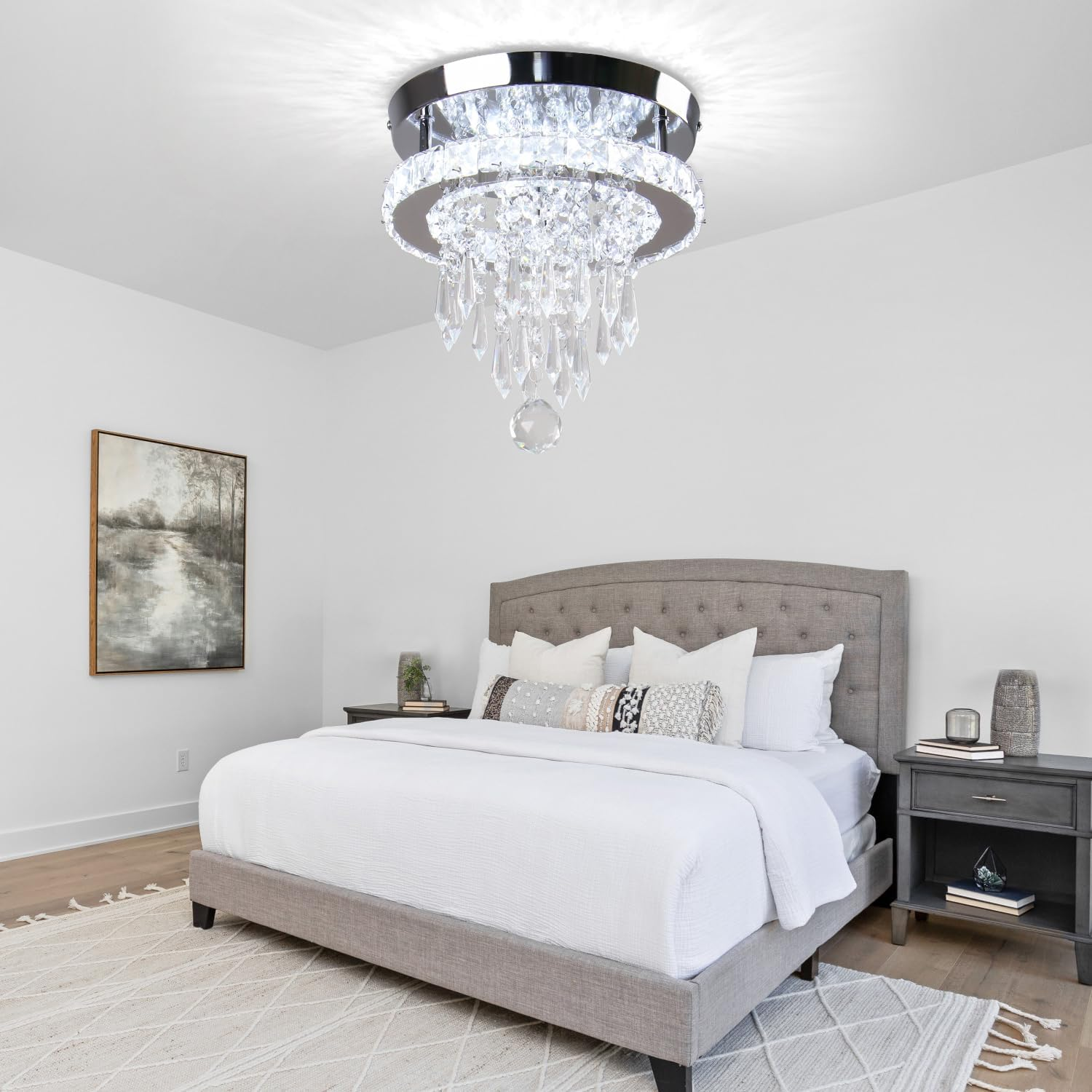 FRIXCHUR Modern LED Crystal Ceiling Light, round Crystal Chrome Ceiling Light for Bedroom, Living Room, Hallway, Kitchen (White) image number 3