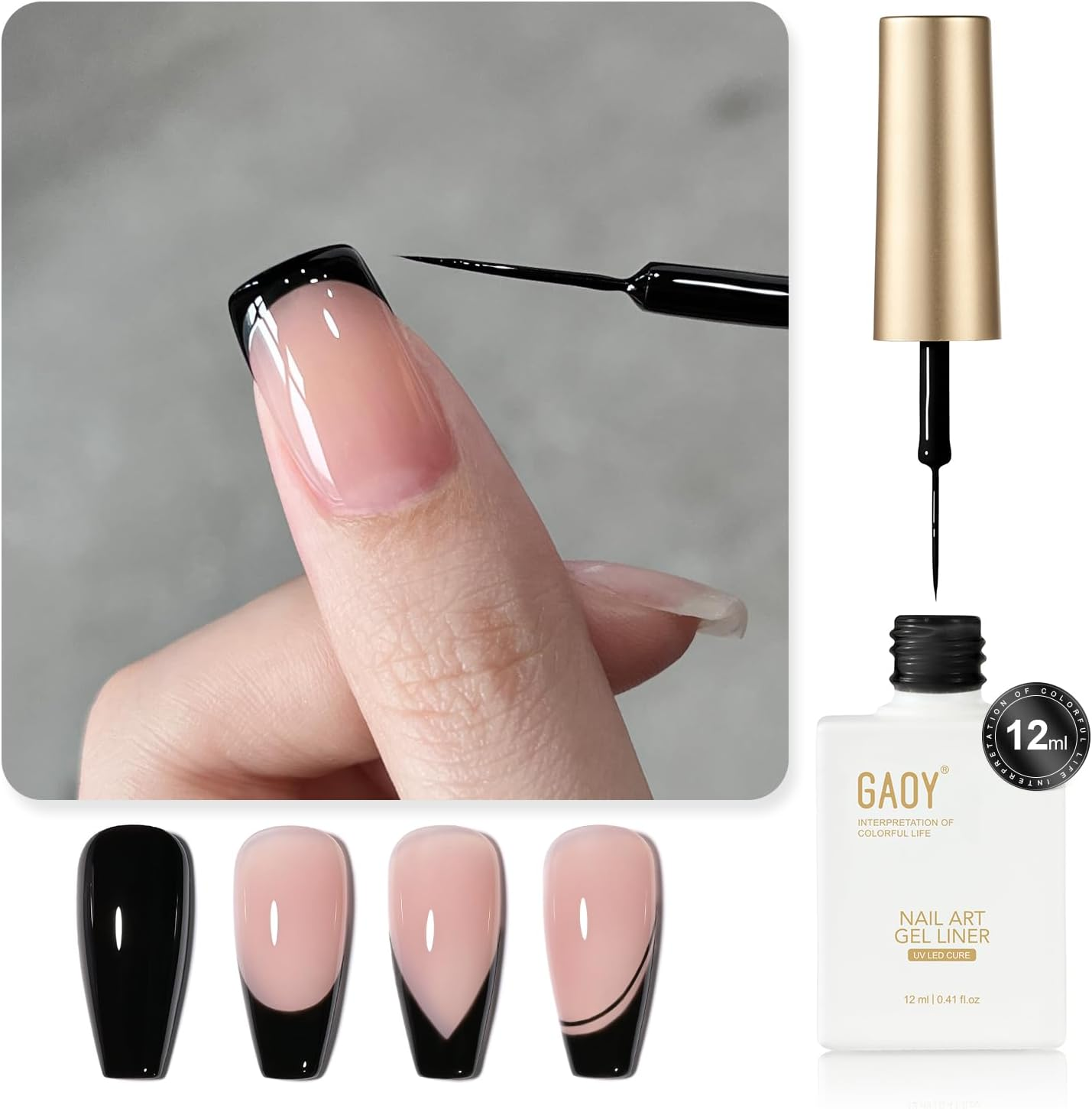 GAOY Black Swirl Gel Nail Polish Art Liner, 12Ml Classic Color Nail Paint Design with Thin Brush, UV Light Cure for DIY French Manicure at Home
