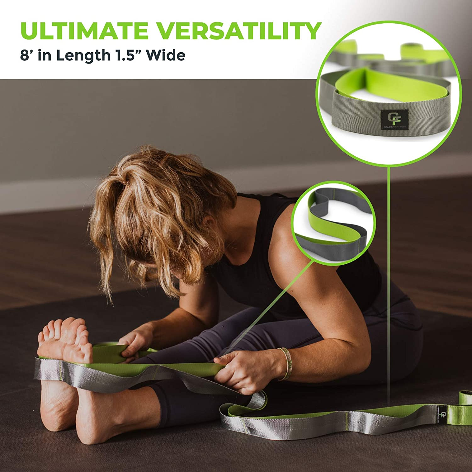 Gradient Fitness Stretching Strap, Premium Quality Multi-Loop Strap, Neoprene Padded Handles, 12 Loops, 1.5" W X 8' L - Green | Grey image number 2