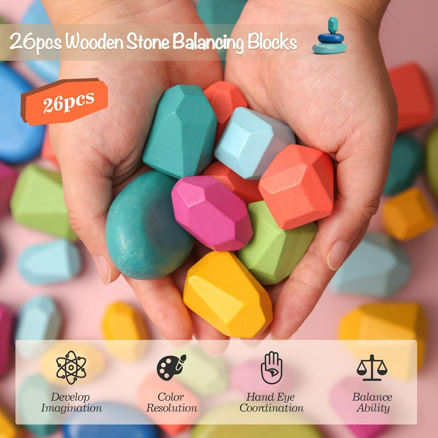 26Pcs Stacking Blocks Balancing Stones Wooden Building Toys Wood Stone Stacking Game for Toddler Sorting Preschool Educational Montessori Stacking Rocks for Kids image number 1