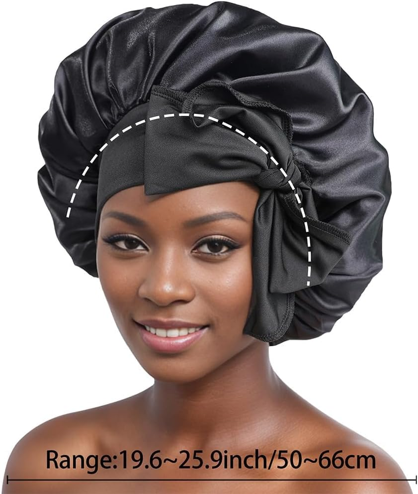 Satin Bonnet,Single Layer Satin Lined Sleeping Cap,Adjustable Large Satins Cap with Tie Band Hair Bonnets Curly Braids Hair for Women(Black) image number 2