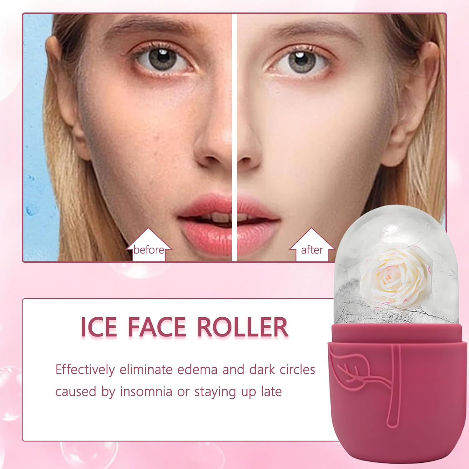 Ice Roller for Face, Eyes & Neck, Skin Care Tools, Silicone Ice Cube Massager for Skin Care, De-Puffing Eye Bags, Migraine Relief, Reusable Ice Mold for Face Massage (Rose Red & Pink) - Black  White image number 5