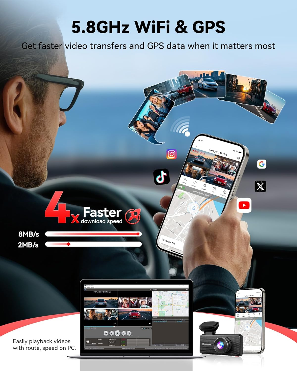 REDTIGER 4 Channel Dash Cam 2.7K+1080P*3, STARVIS 2,Included 128GB Card, 360&deg; Front inside and Rear Cabin Car Camera, IR Night Vision, 5Ghz Wifi 6, GPS, Smart Voice Control, Touch Screen(F17 Plus) image number 5