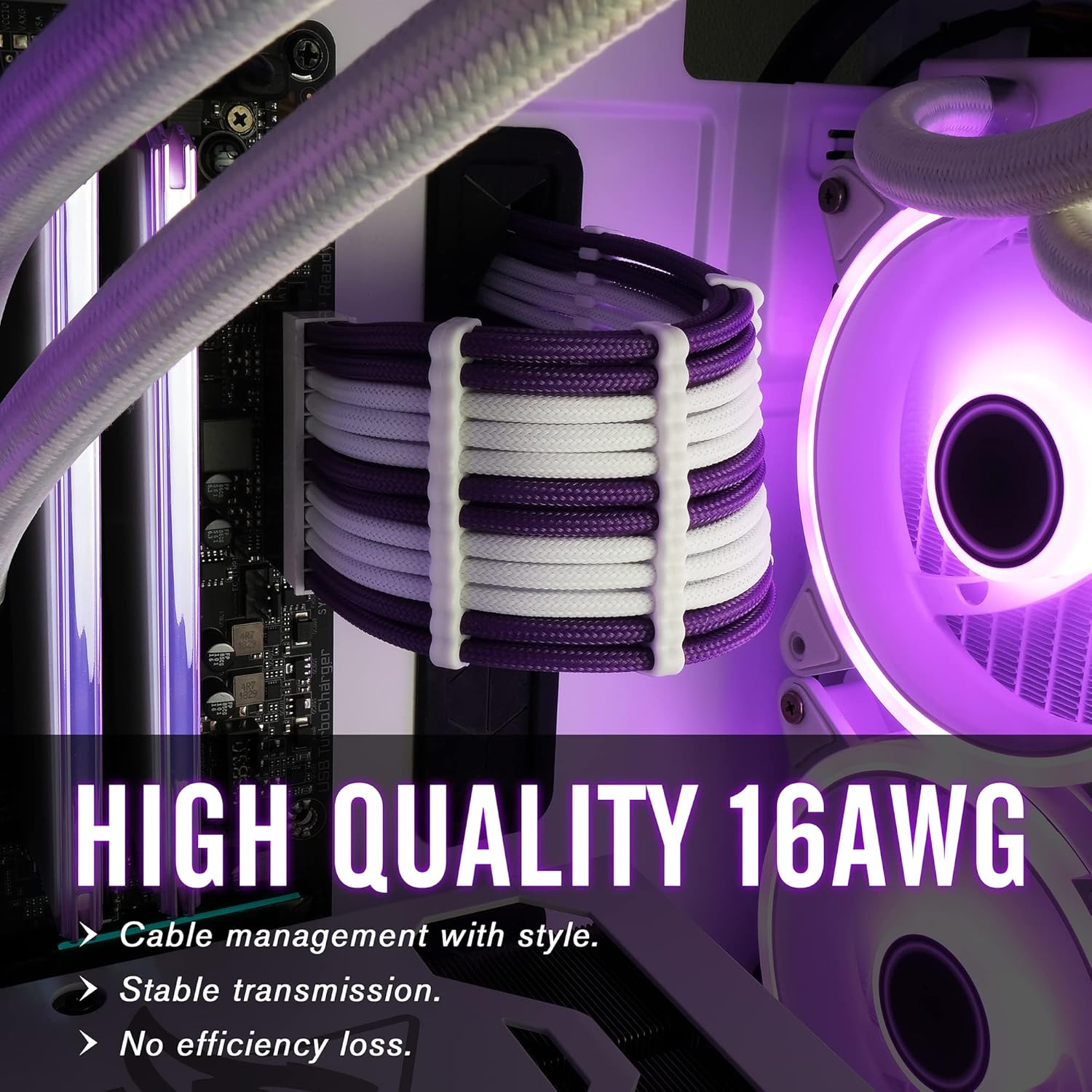 EZDIY-FAB PSU Cable Extension Kit - Sleeved Custom Power Supply Extension 16 AWG 24-PIN 8-PIN 6-PIN 4+4-PIN with Combs - White Connector and Purple Cable image number 4