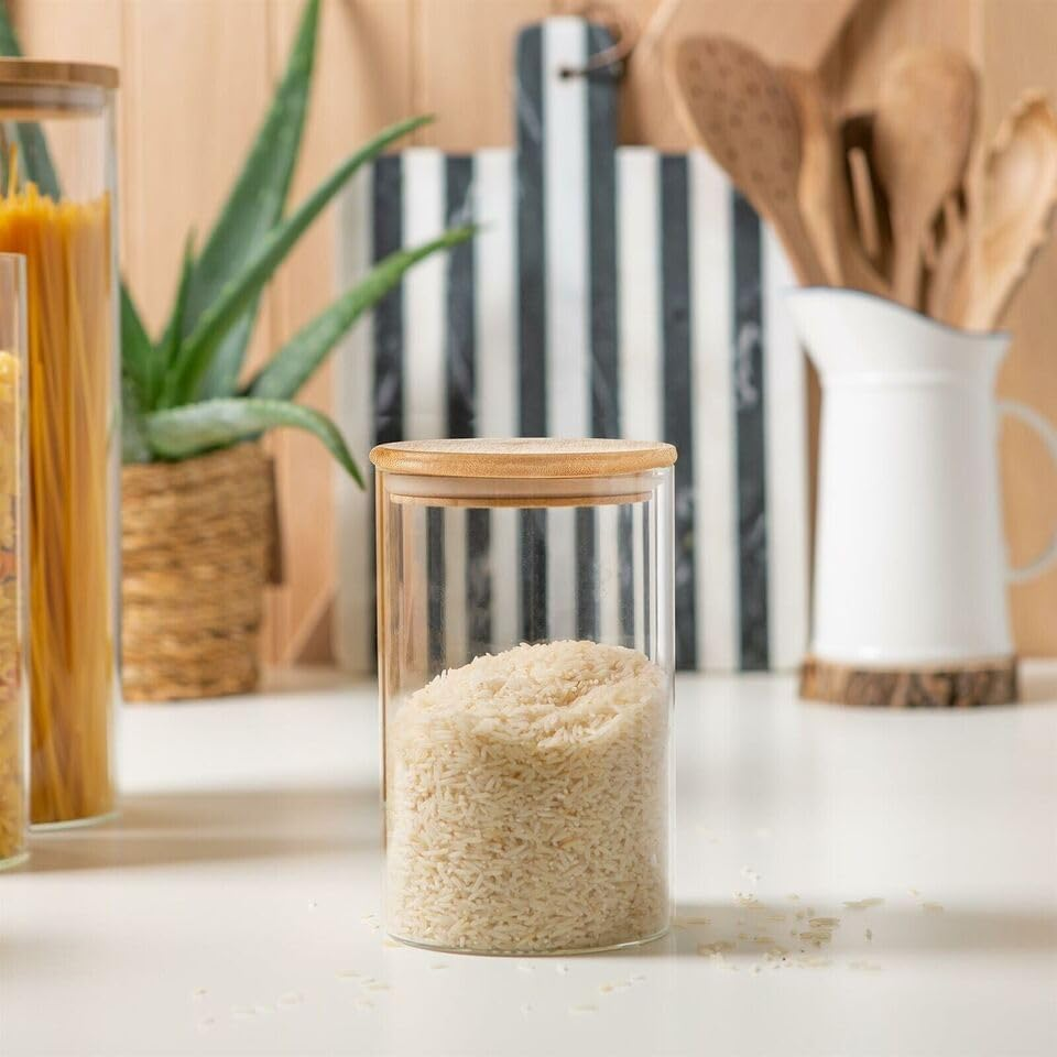 6 Pack Airtight Glass Storage Canister with Bamboo Lid (18.6Oz/43.9Oz/67.6Oz), Glass Food Storage Containers for Pasta, Oats, Coffee, Flour, Sugar, Rice, Spice, Best for Kitchen & Pantry