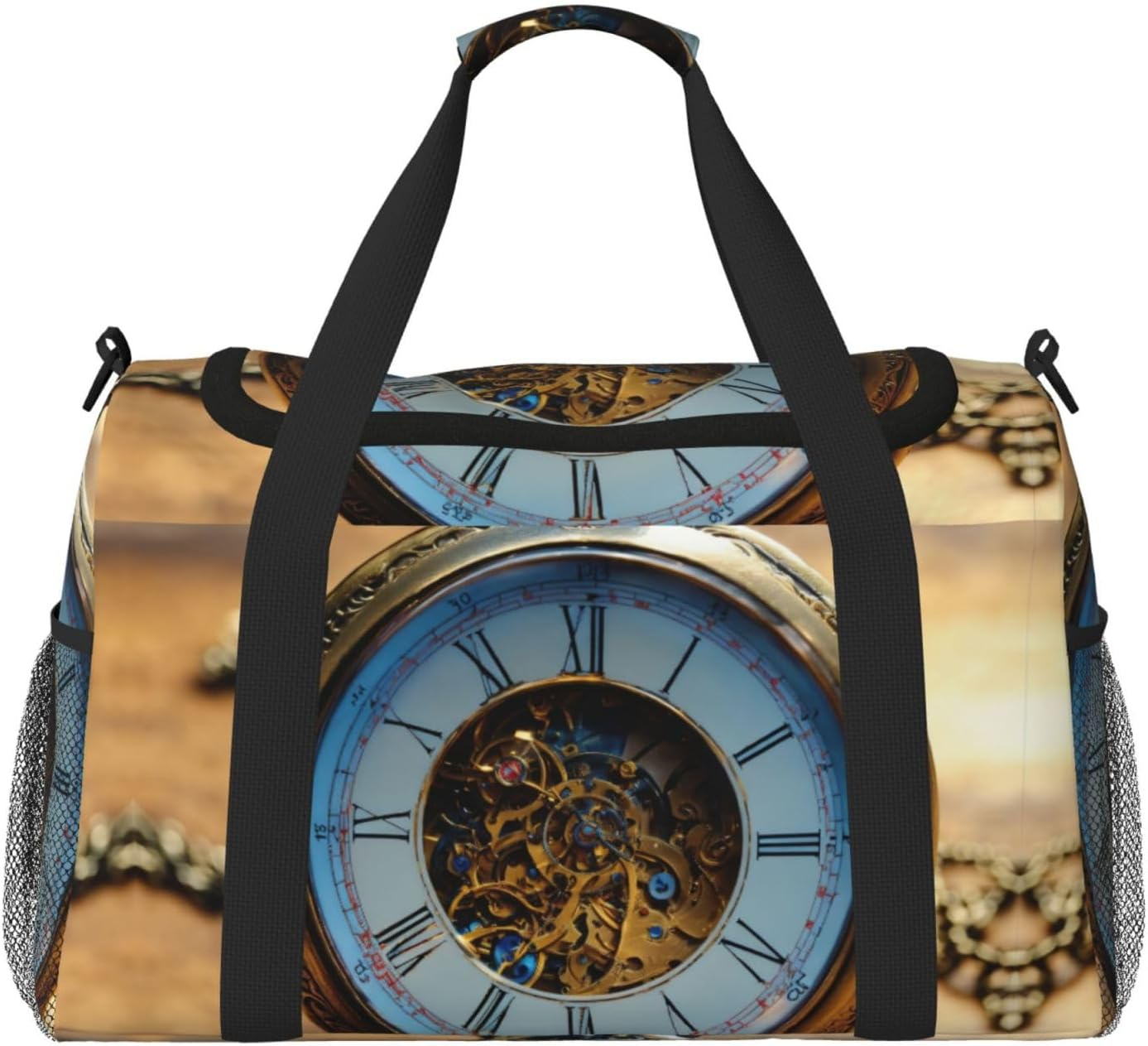 Gears Clock Bronze Century Print Functional Travel Tote Ample Space Travel Bag Foldable Carry on Tote for Weekender