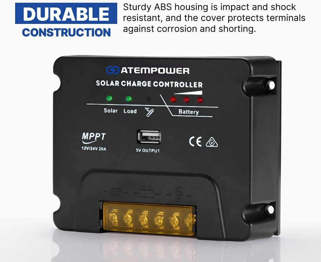 ATEM POWER 20A MPPT Solar Charger Controller 12/24V with USB Port, Multi-Stage Algorithm, Multi-Protection, Battery Regulator for Solar Panel/Load/Lead Acid Deep Cycle Battery/Lithium Battery image number 6