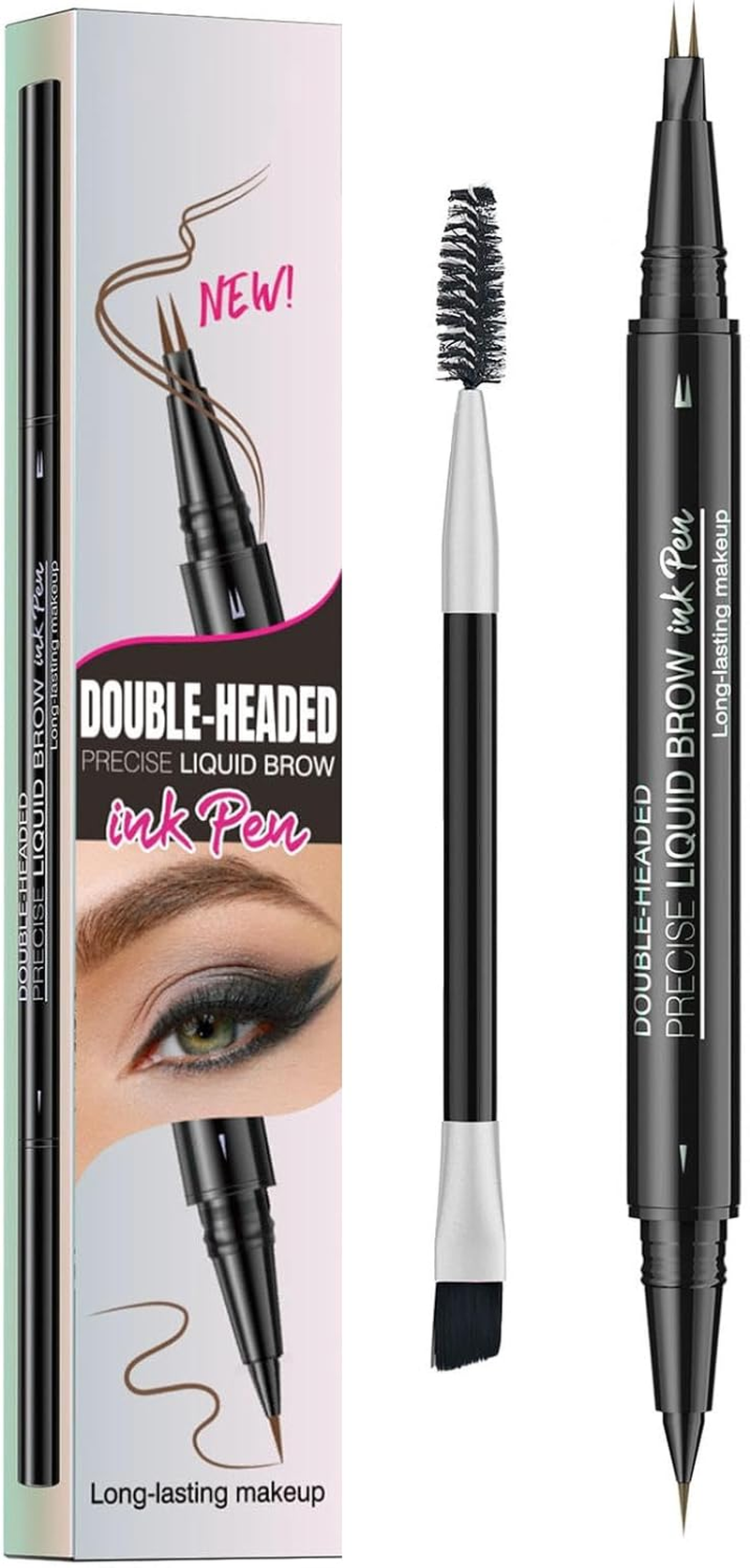Microblading Eyebrow Pen, Double-Headed Eye Brow Pen with Brush, 2-Fork-Tip Curved Brow Pen Waterproof Eyebrow Tint Pen, Long Lasting Makeup