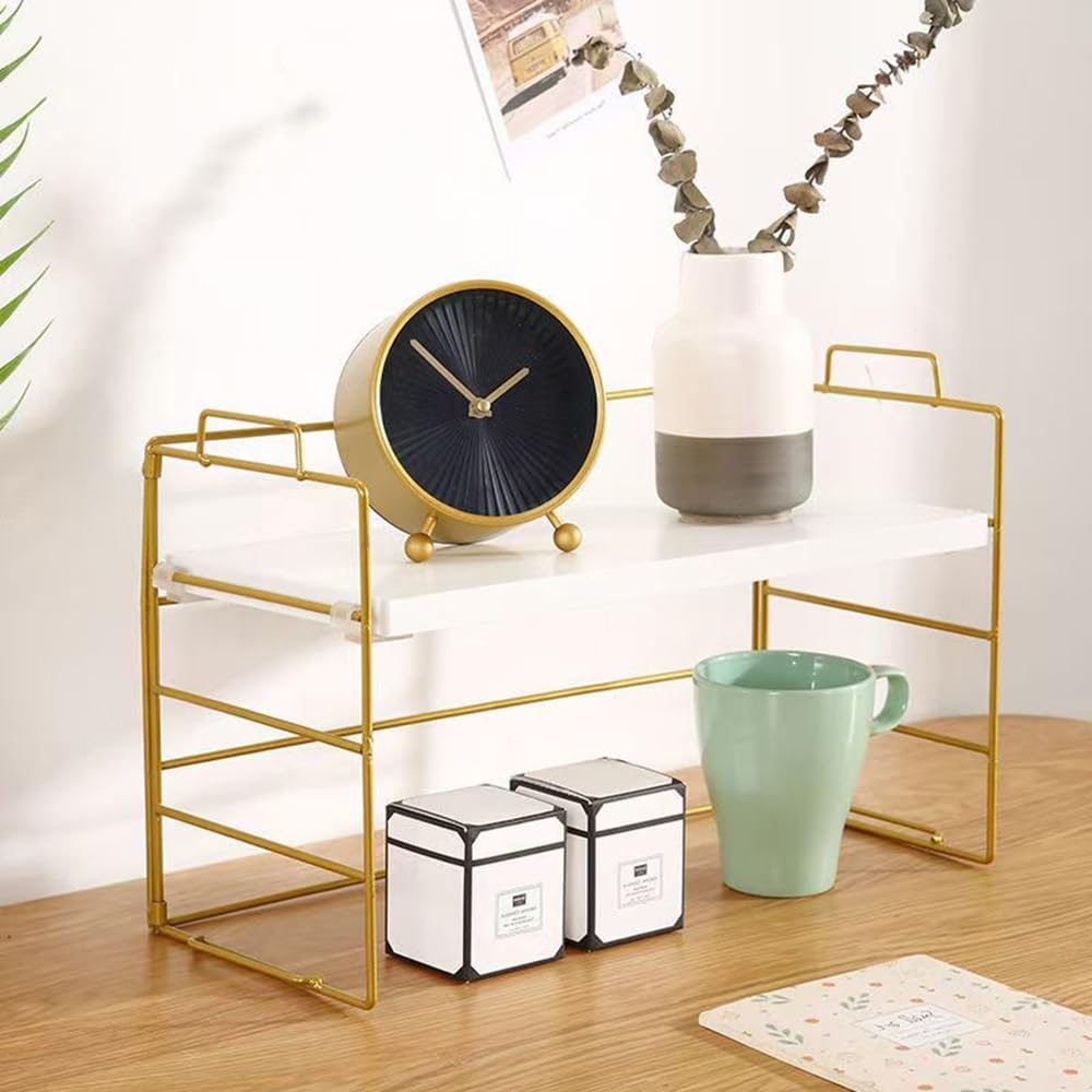 Hbluefat Desktop Organiser Shelf, 2 Tier Adjustable Computer Desk Bookshelf, Small Wood Countertop Bookcase, Dresser Tabletop Display Rack for Home Office (White+Gold) - Wood+Gold image number 4