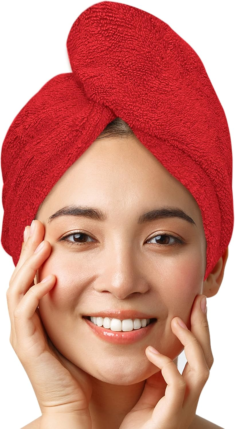 LUXTOGO&reg; Premium Hair Towel (430 G/M&sup2;) - 100% Cotton Turban with Button and Elastic, Super Absorbent (2 Pieces White + Red)