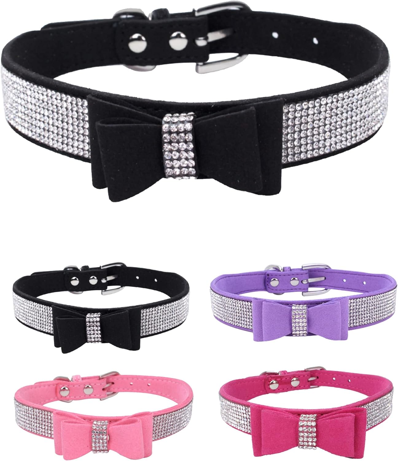 Dog Collar for Small Dogs, Adjustable Leather Suede Bling Dog Collars，Pink Dog Collar Cat Collar, Rhinestone Dog Collar(S, Pink)