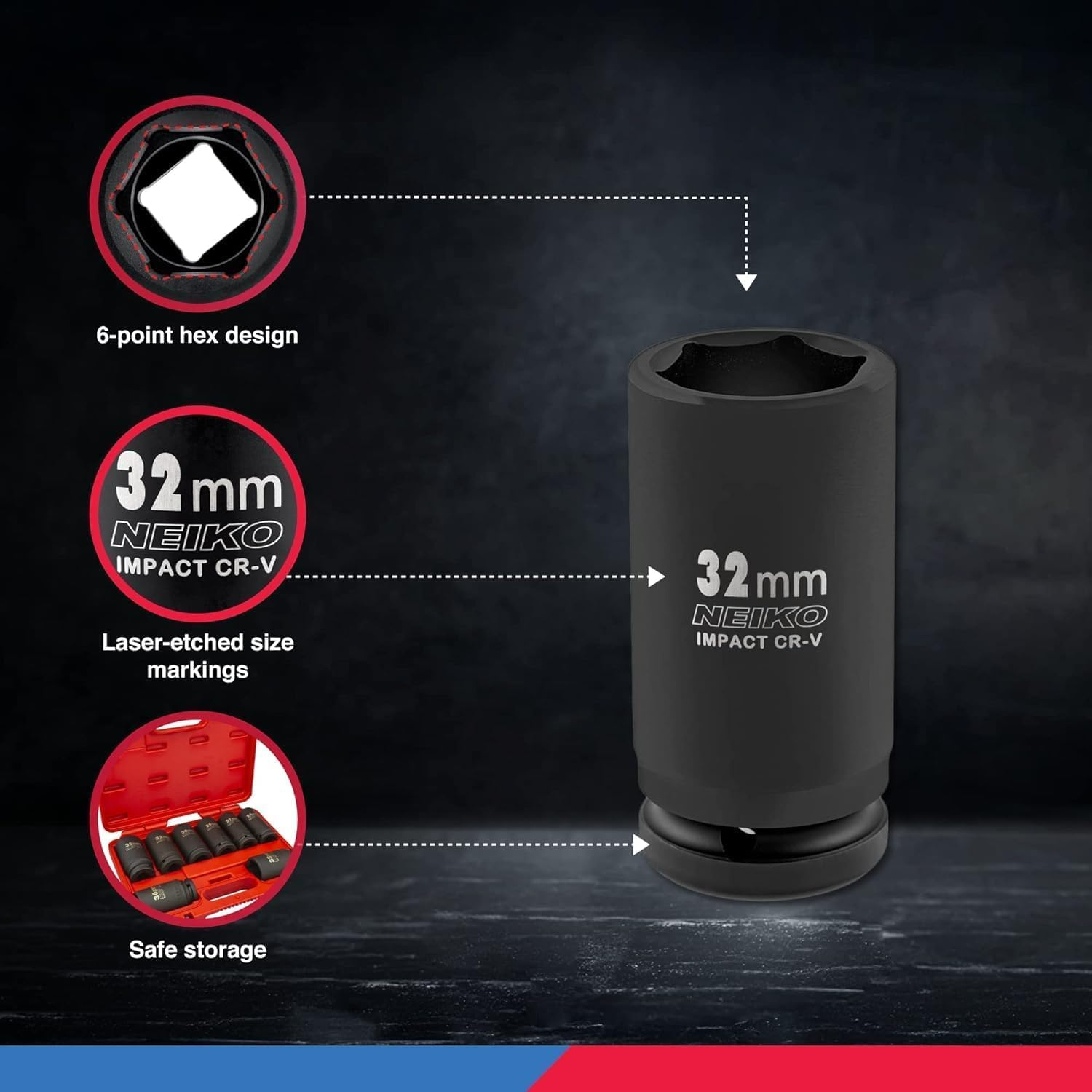 Neiko 02460A 3/4" Drive Deep Impact Socket Set, 8 Piece Jumbo Assortment | Metric Sizes (26 to 38 Mm) | Chrome Vanadium Steel image number 2