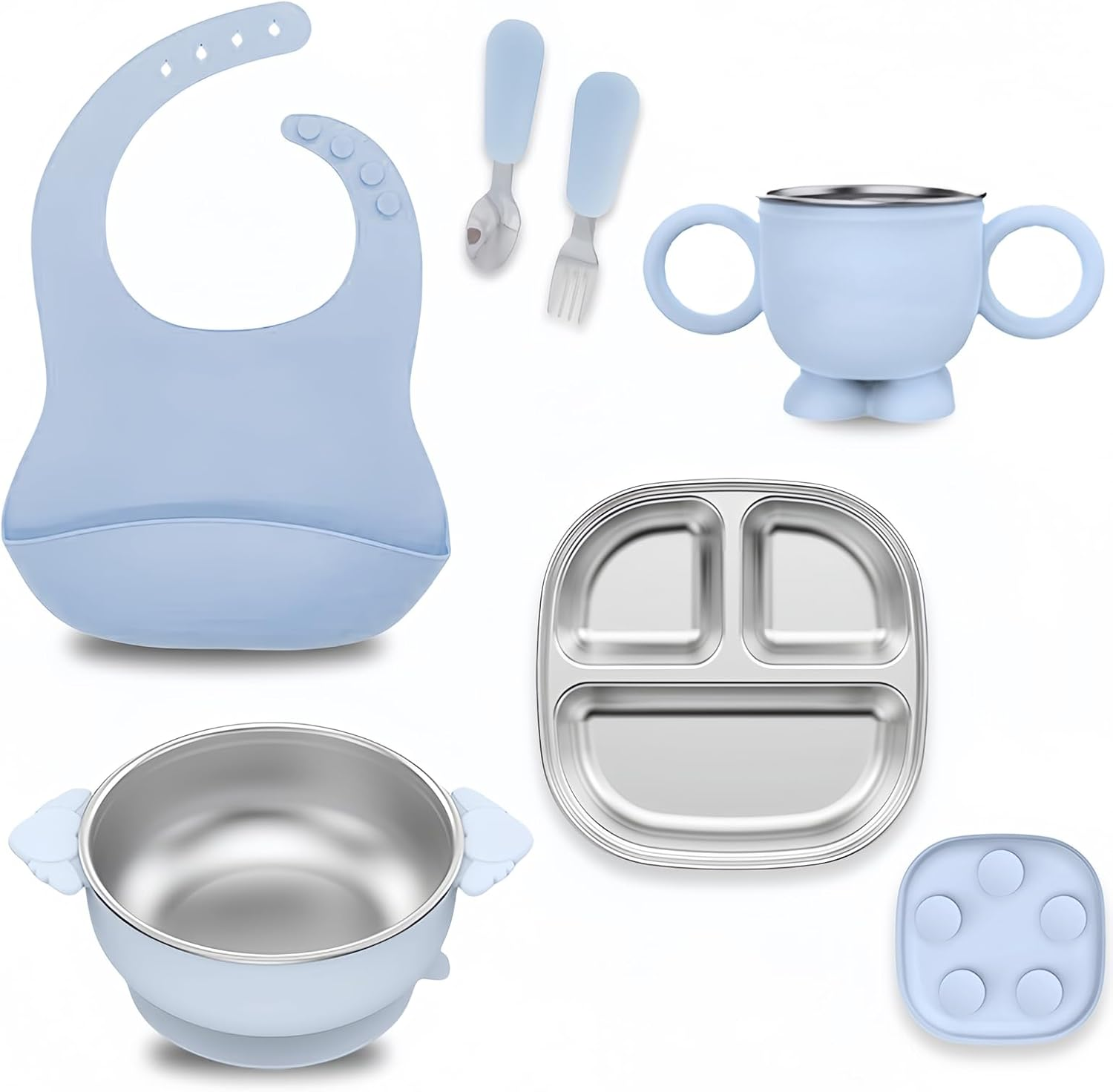6-In-1 Blue Stainless Steel Kids Plates and Bowls, Contain Deep-Divide Toddler Plates, Bowls, Cup, Utensils & Bib &ndash; Bpa-Free 304 Steel + Silicone Suction &ndash; Dishwasher Safe image number 5