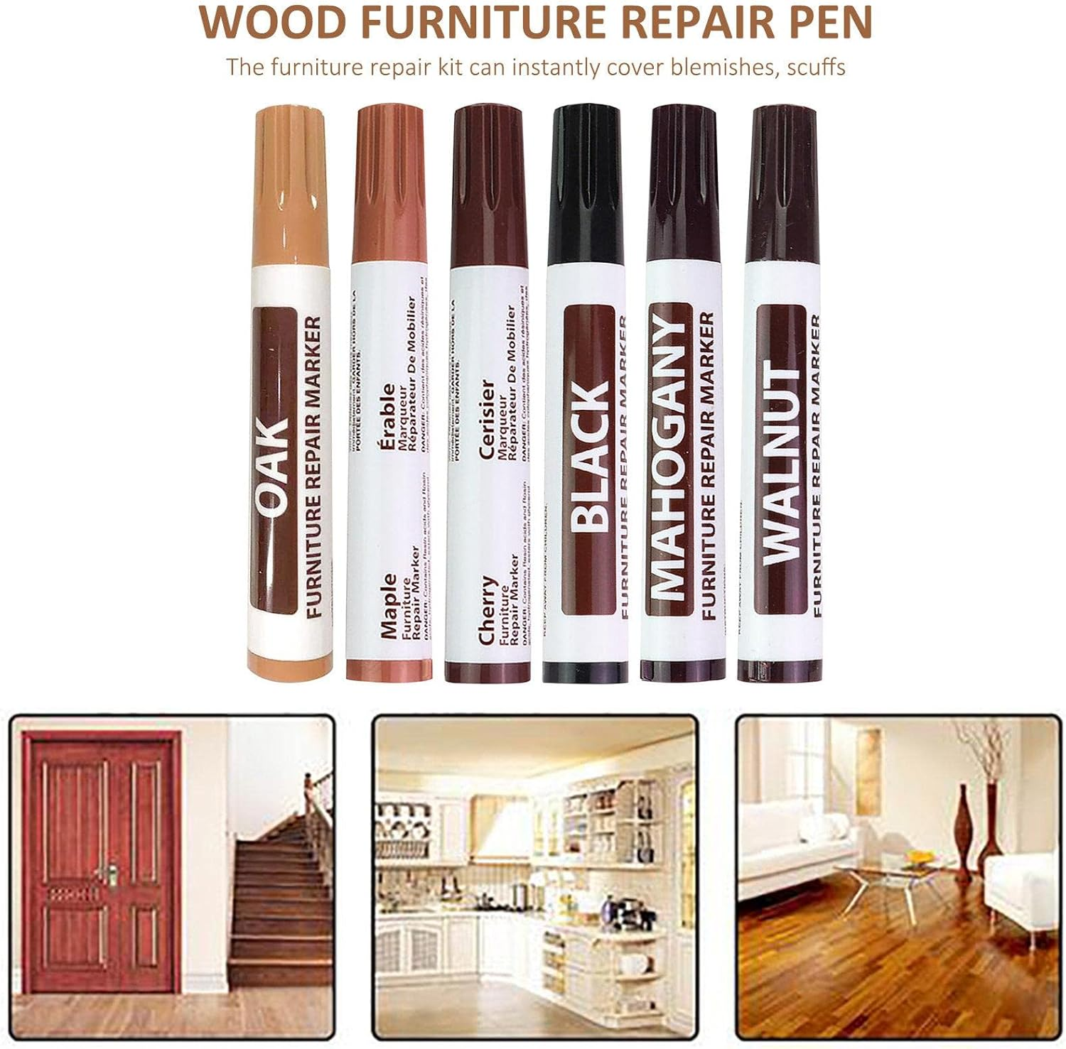 Wood Markers Furniture Repair | 6 Colors Wood Markers for Scratches | Kit, Wood Scratches Repair Kit for Wooden Floor Door Furniture Cabinet B/