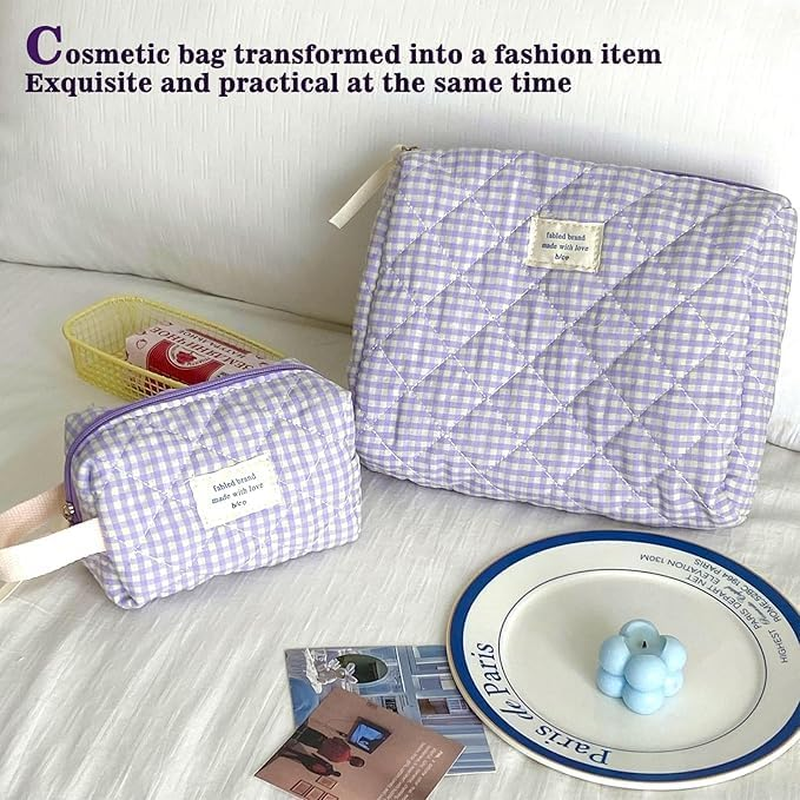 Ksngtixe 2 Pcs Quilted Cotton Makeup Bags Set - Cute Checkered Design Cosmetic Organizer for Brushes & Toiletries, Travel-Friendly Beauty Storage (24Cm+16Cm) image number 5