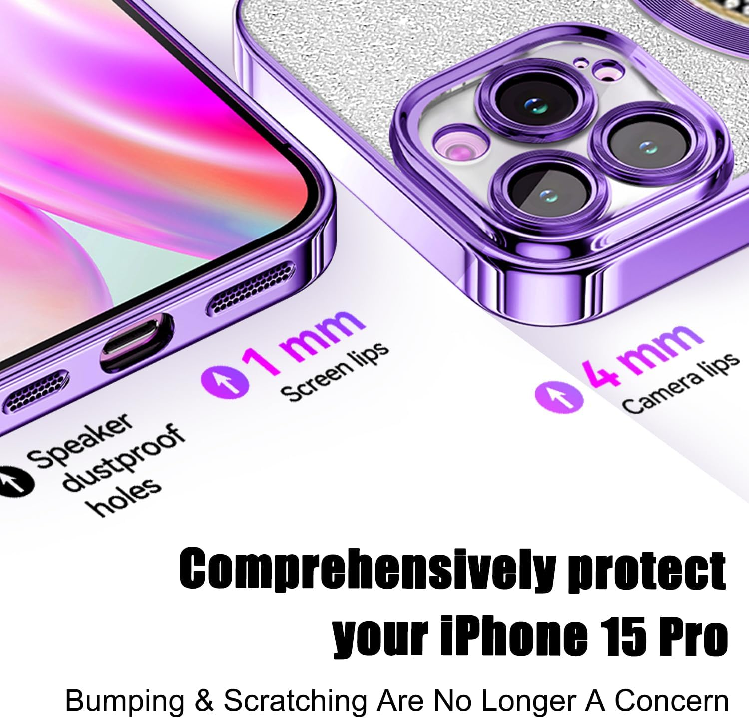 Case for Iphone 15 Pro, Compatible with Magsafe, with Camera Protection, Glitter Silicone Mobile Phone Case Compatible with Iphone 15 Pro, Shockproof, Scratch-Resistant, Cute Phone Case for Women And image number 3