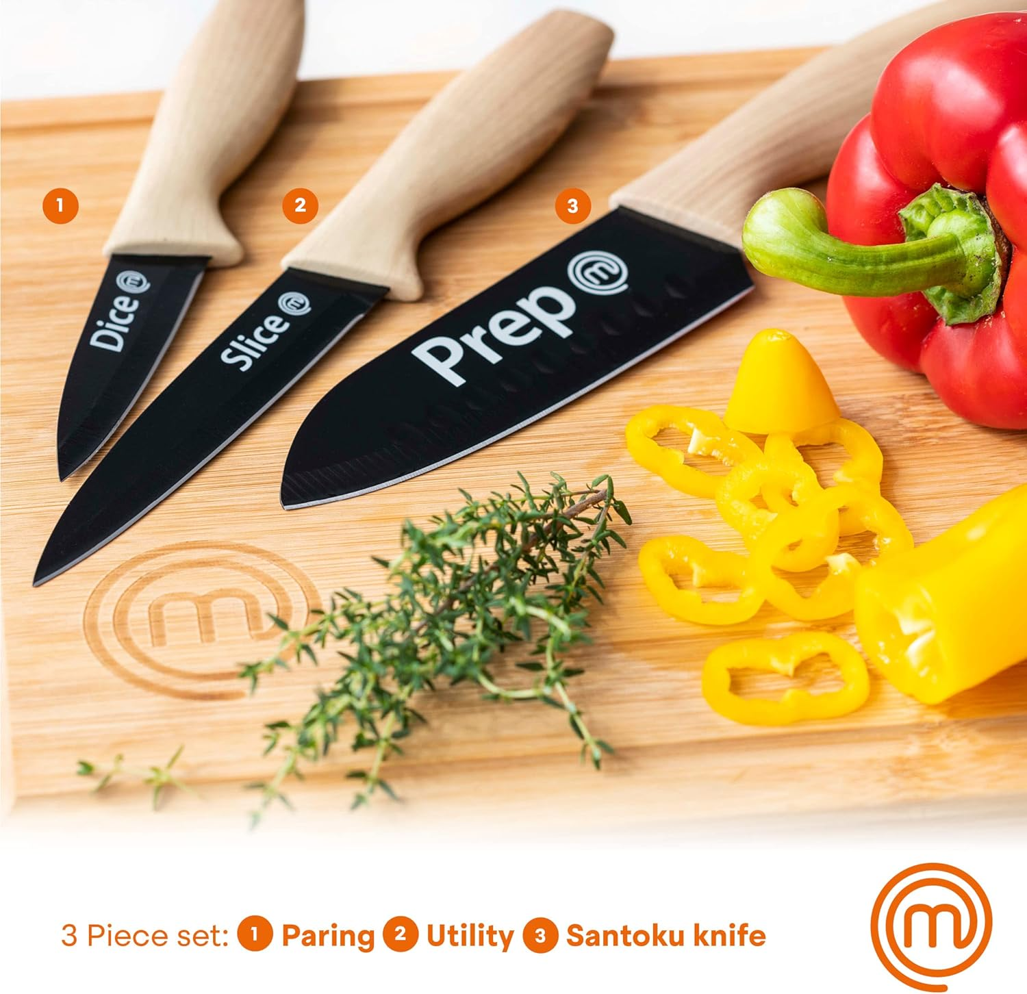 Masterchef Knife Set of 3 Kitchen Knives for Cooking (Chef, Paring & Utility), Professional Sharp Stainless Steel, Non Stick Blades & Soft Touch Handles, Easy Grip, Natural Collection, 3 Piece image number 5