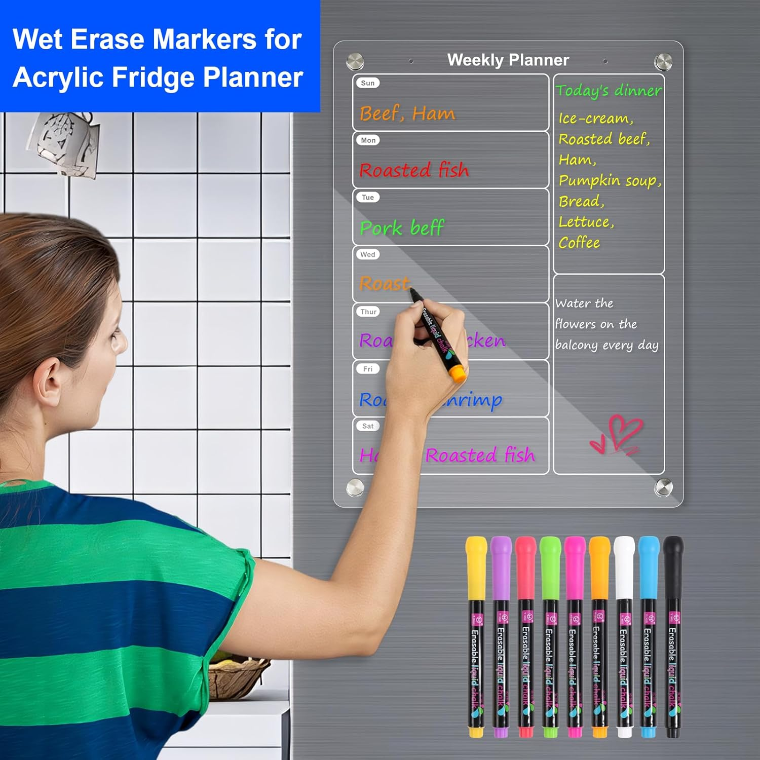 MIZEXE Liquid Chalk Markers for Acrylic Fridge Planner, Glass & Mirrors, Wet Erase Markers, 9 Vibrant Colors, 1Mm Fine Tip