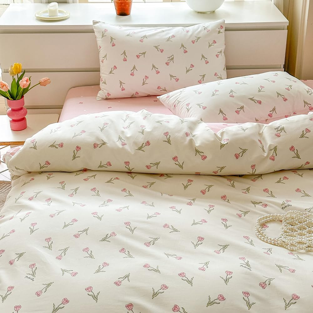 Covebett Cotton Duvet Cover Double Size White Pink Floral Flower Tulip Reversible Bedding Set 3Pcs, 1 Aesthetic Girls Quilt Cover 200X200 Cm with Zipper Closure and 2 Pillowcases 50X75 image number 2