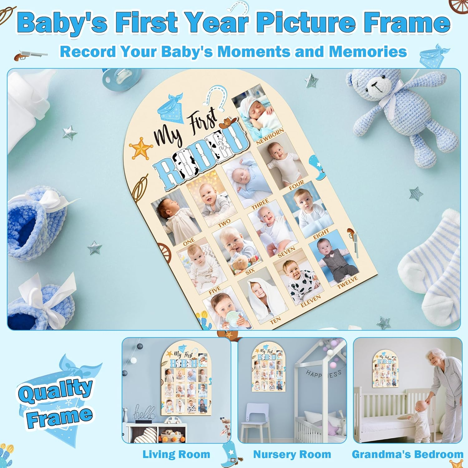 R HORSE 3D My First Rodeo Birthday Wood Photo Display Board, Blue Cowboy Baby'S First Year Picture Frame, 1-12 Months Milestone Board Birthday Decorations Keepsake Gift for Baby Boys Nursery Decor image number 5