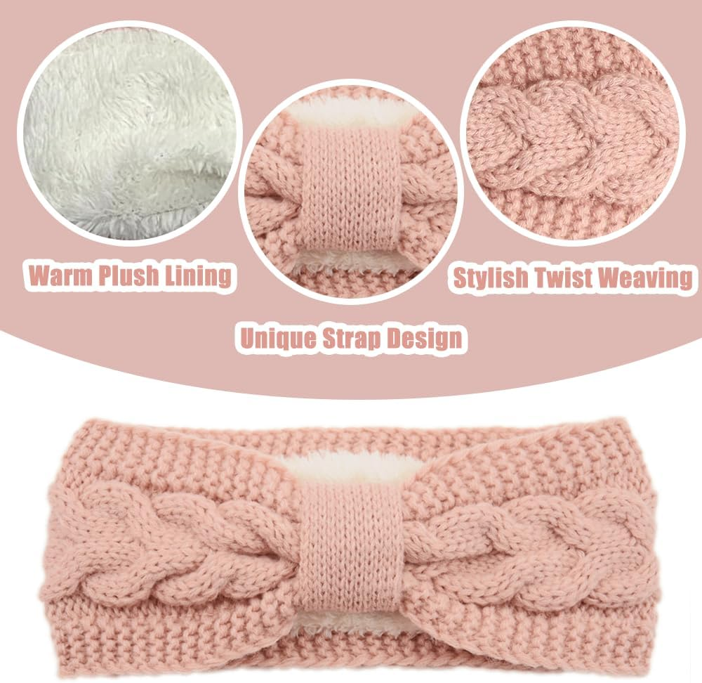 YOFASEN Pack of 2 Women'S Winter Headbands, Lined Fleece Hair Bands, Elastic Headband, Ear Warmer, Hairband, Crochet Hair Accessories, Knitted Headband for Women and Girls (White + Pink) - White + Pink image number 3