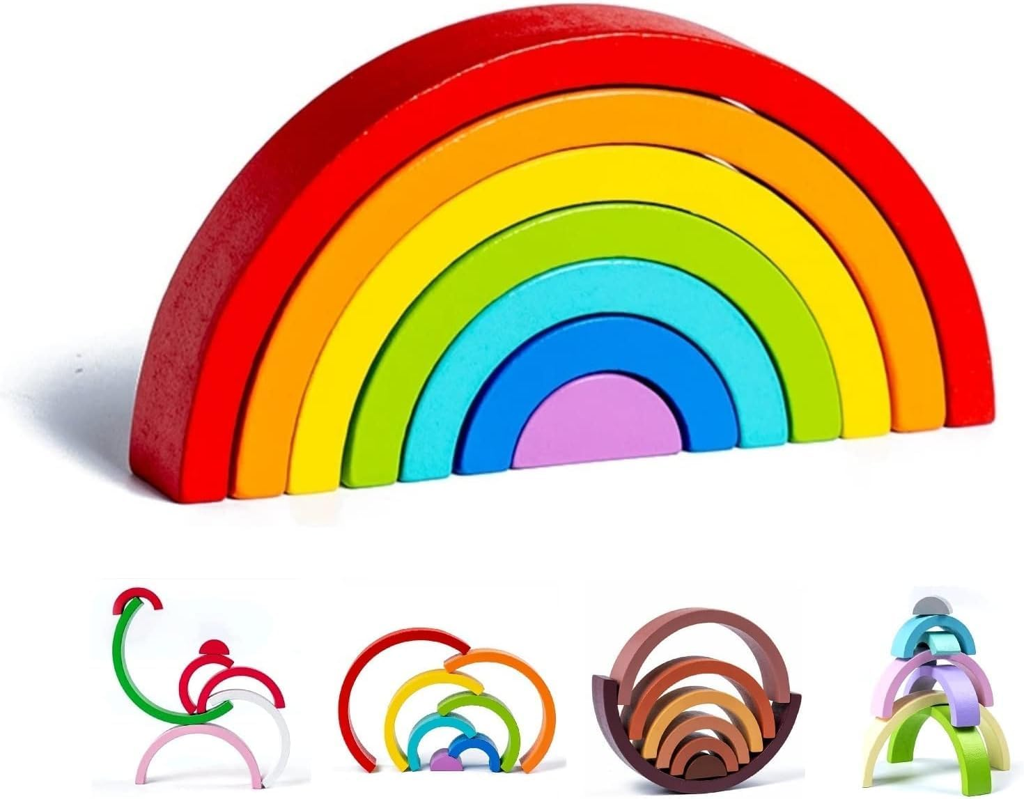 Wooden Rainbow Stacker Nesting Puzzle Toy, Creative Color Stacking Nesting Puzzle Blocks, Educational Montessori Toy Set for Kids Boy Toddlers (Rainbow)