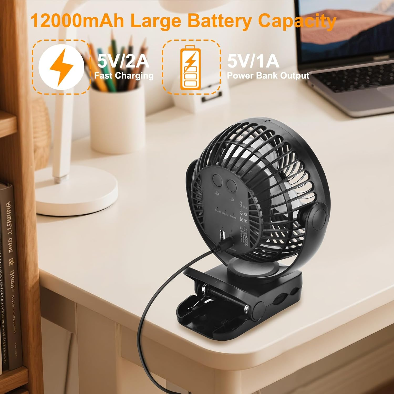 GOBRILLFUN Portable Clip Fan with Remote, 9 LED Lights, 6-Inch Battery Operated USB Rechargeable Fan with 3 Speeds, Power Bank Feature, Personal Cooling for Home, Office, RV, Outdoor Camping image number 6