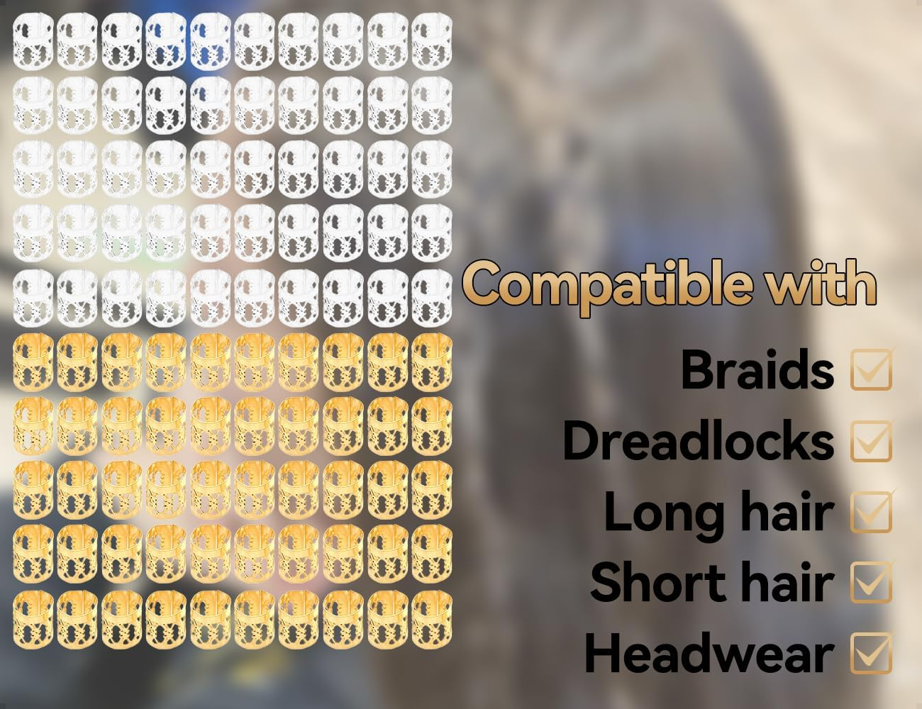 Emezddo Pack of 100 Dreadlocks, Adjustable Metal Cuffs, Hair Accessories, Hair Spiral Clips, Braiding Accessories, Used for Men, Women, Girls and Boys Braids (Gold and Silver)