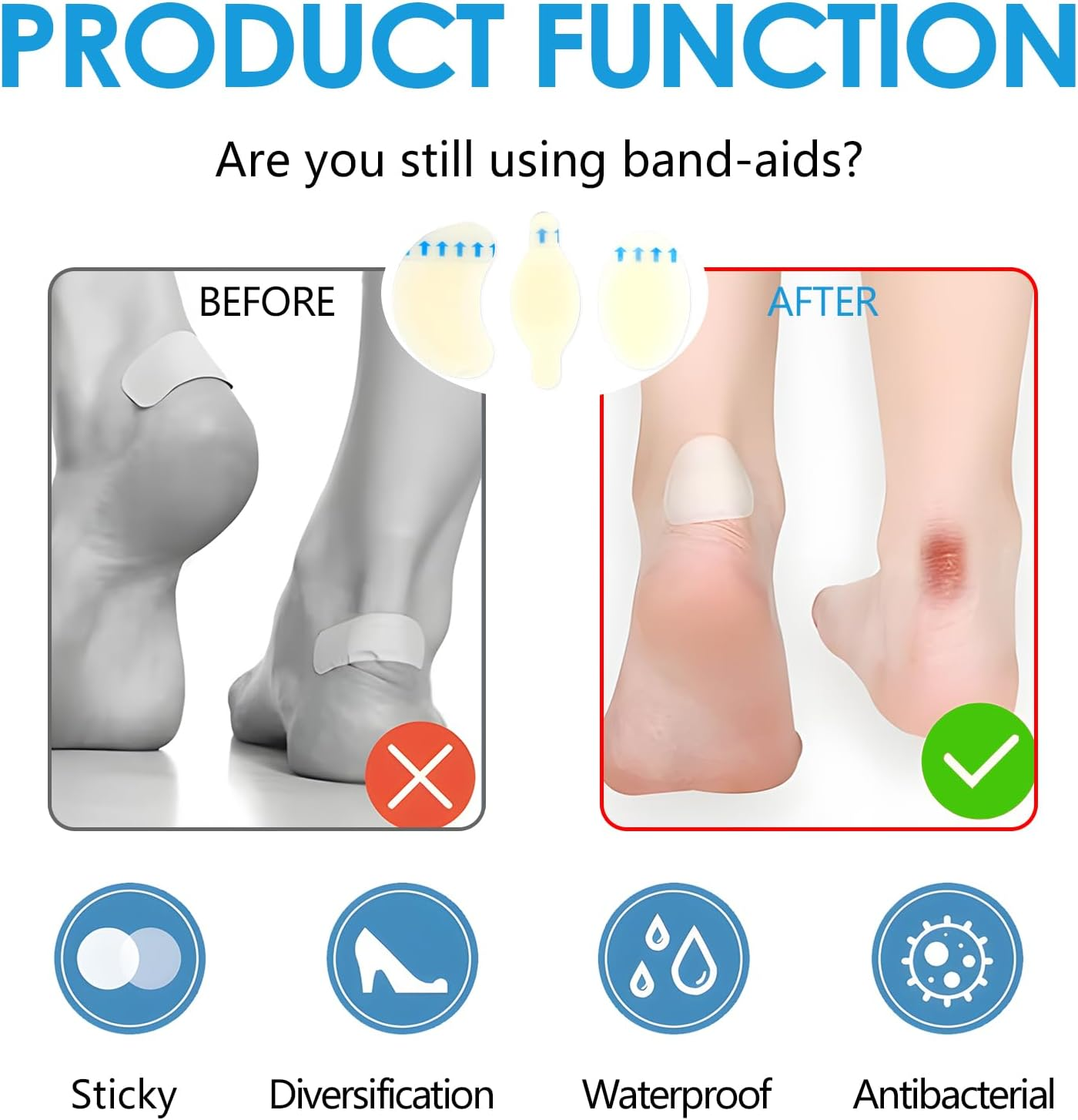 Blister Plasters for Feet, Waterproof Heel Protector for Running, Hiking & Daily Wear - Hydrocolloid Adhesive Bandages to Prevent & Heal Blisters on Toes, Forefoot & Heel (3 Styles, 24 Pcs) image number 2