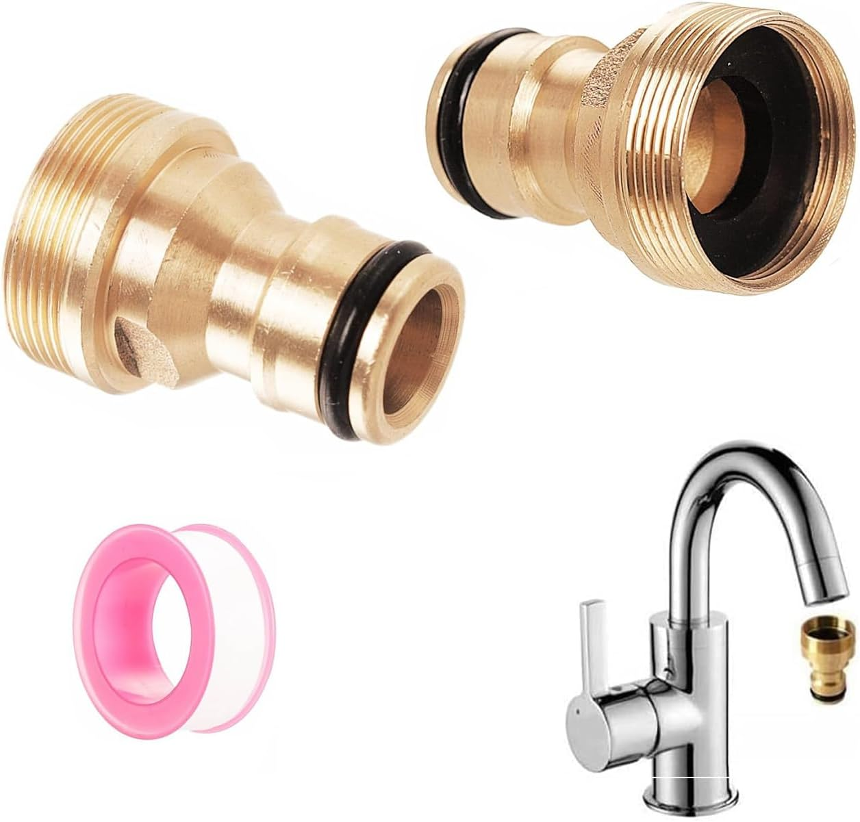 LCCFA 2-Pack 22Mm Female to 24Mm Male Solid Brass Garden Hose Adapter for Kitchen Sink & Bathroom - Threaded Tap Connector with O-Ring, Mixer Hose Fittings - Includes 1 Roll Anti-Leak Tape image number 2