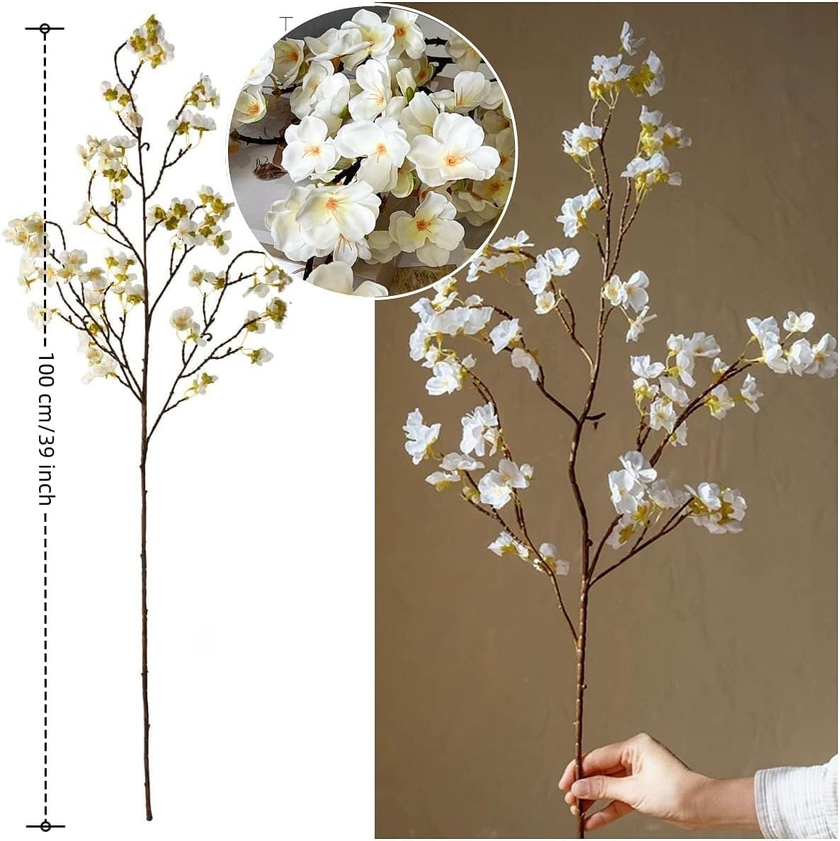 Artificial Cherry Blossom Flowers, 3 Pcs Faux Cherry Blossom Stems Faux Silk Peach Flower Branches 104CM/ 41" Fake Flowers Long Stems for Vase Arrangements Wedding Table Garden Home Decor, White image number 1