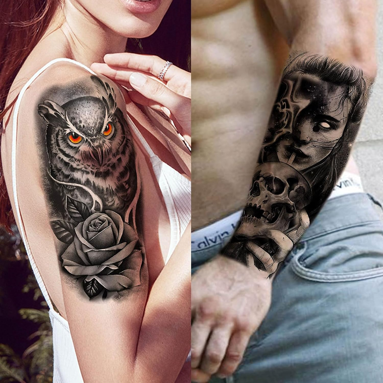 72 Sheets Large Half Arm Sleeve Temporary Tattoos for Men Women Forearm, Tribal Wolf Tiger Lion Owl Skull Temp Halloween Fake Tattoo Stickers Adults, Black Realistic Tattoo Flower Rose Animals image number 2