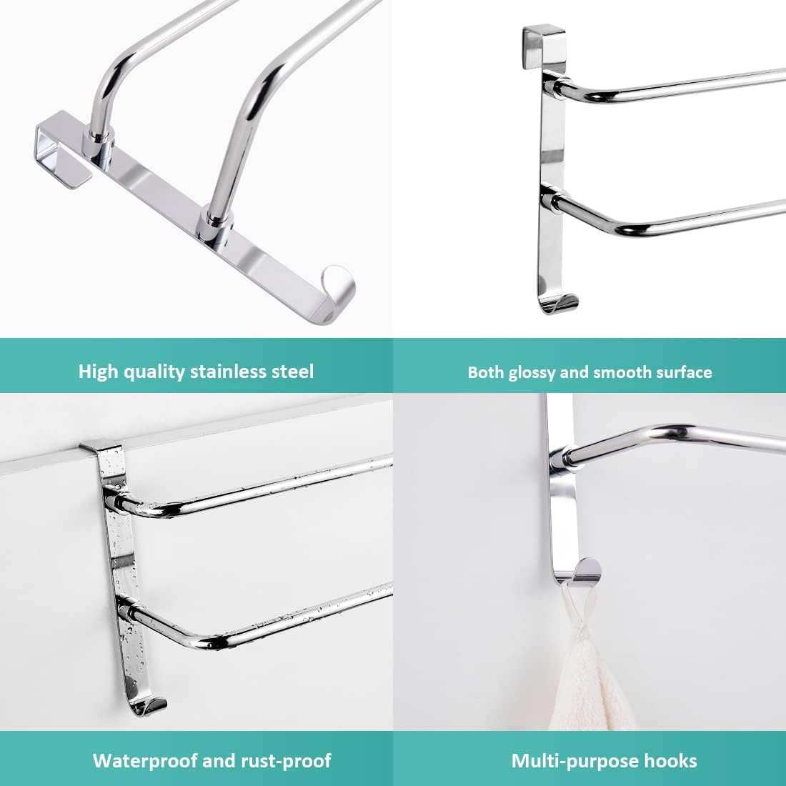 EMKE Double Towel Rail, Bathroom over the Door Hanging Towel Rack with Hooks, Stainless Steel Sink Towel Holder with Large Space for Kitchen Toilet Hotel Shower Room, Chrome image number 2