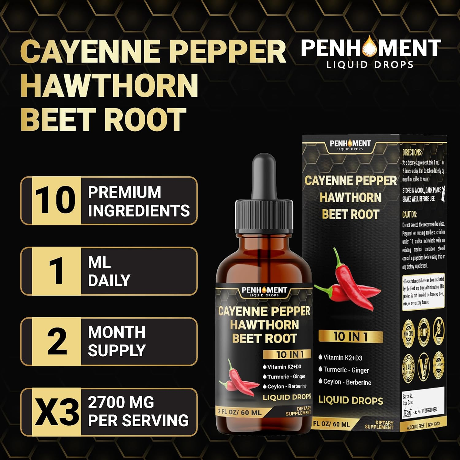 PENHOMENT 10In1 Cayenne Pepper Liquid Drops + Hawthorn Berry, Vitamin D3, Vitamin K2, Beet Root, Turmeric, Ginger and More - Digestion Support - 2 Fl Oz - 2 Months Supply image number 4
