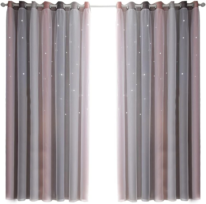 Blackout Curtains for Bedroom, 2PCS Star Curtains Blackout High Precision Curtains for Kids Girls Bedroom Living Room Colorful Double Layer Star Window Curtains Pink134Cm X 160Cm