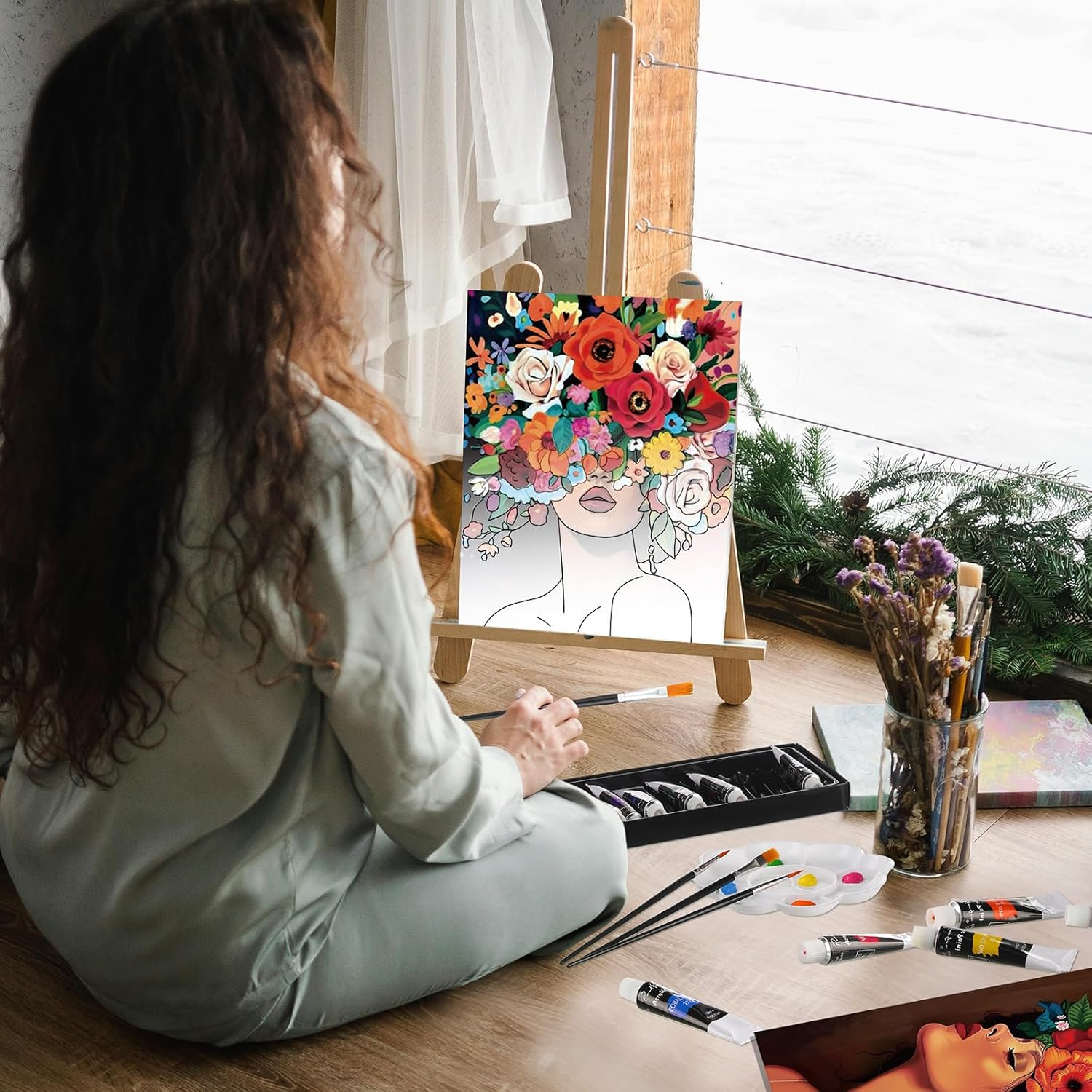 Cholemy 36 Pcs Paint and Sip Kit for Adults 8'' X 10'' Pre Drawn Canvas for Painting DIY Afro Acrylic Couples Painting Kit Wood Easel Brushes Date Night Bulk for Valentine Party Gifts image number 1