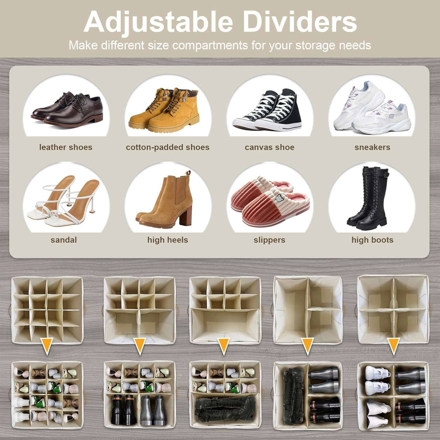 VERONLY Shoe Organiser for Closet Fits 16 Pairs, Adjustable Dividers Shoe Storage Bins Boxes, Foldable Shoe Holder Cube Containers with Clear Cover for Large Shoes, High Heels, Sneaker, Boots (Beige) image number 6