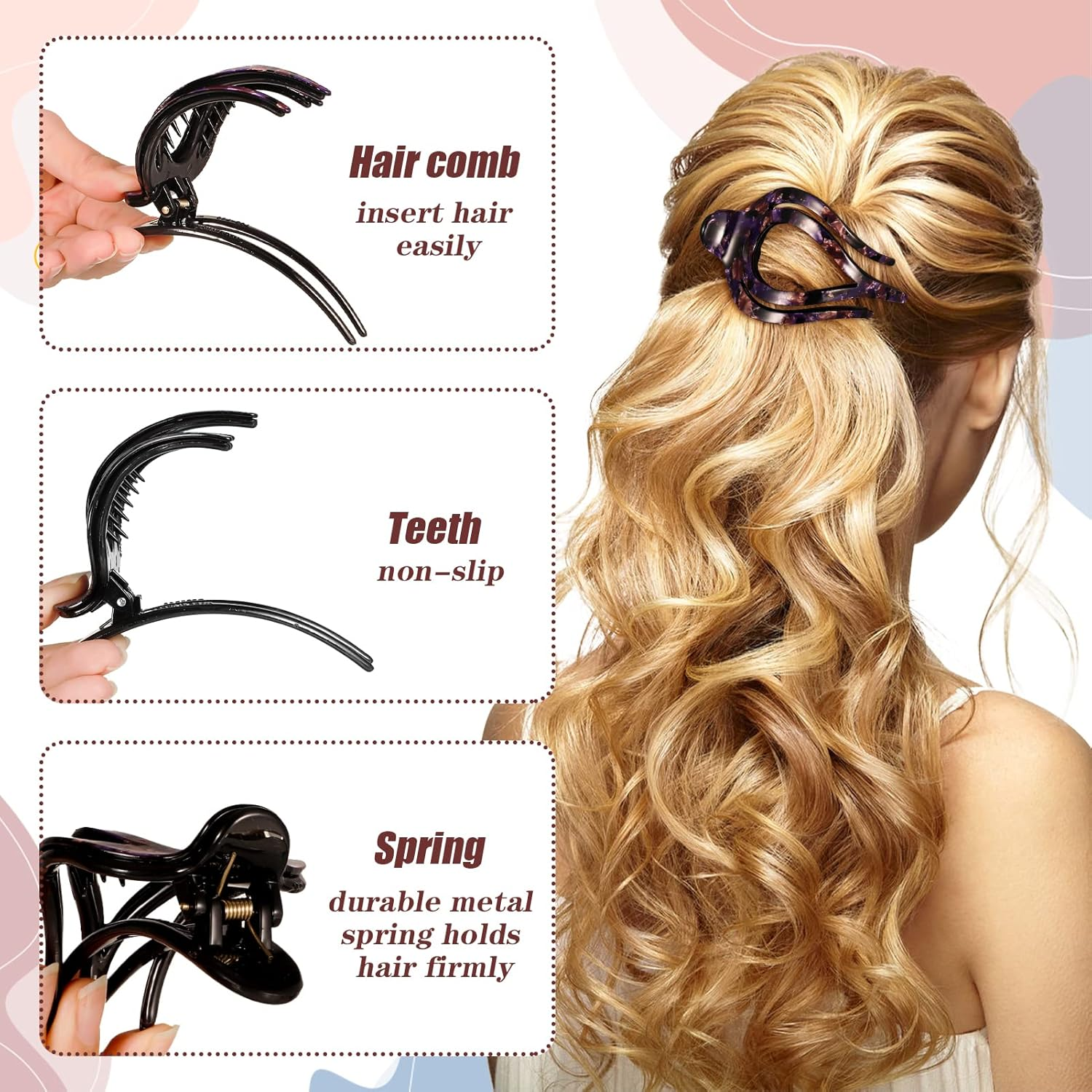 JOELELI 6 Pcs French Concord Flat Hair Clip Claw Alligator Oval Hair Clips No Slip Duckbill Hair Barrettes Heart Style Ponytail Hair Clamps for Women Girls Thick Thin Hair image number 5