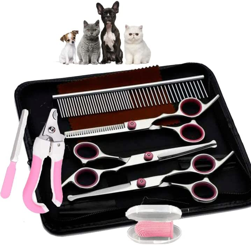 9Pcs in 1 Stainless Steel 6.5Inch Dog Grooming Scissors Kit, Dog Cat Cutting Trimmer Hair Care Thinning Shear Curved Scissors, Comb Pet Nail Clippers for Dogs Cats and Other Animals (Pink) image number 5