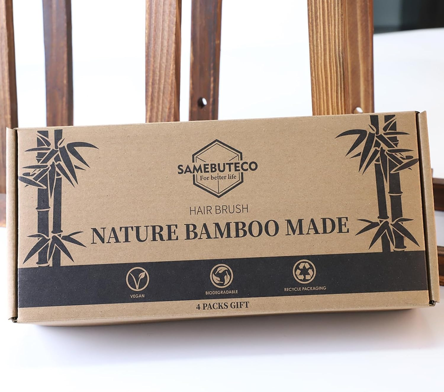 SAMEBUTECO Hair Brush Set Natural Bamboo Bristles Paddle Detangling Brushes for Thick, Thin, Curly, and Dry Hair Wooden Hair Message Brushes(4 Packs)