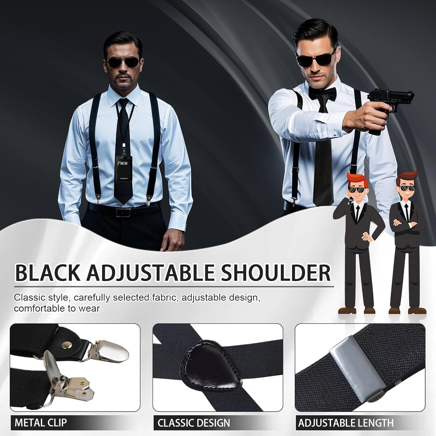 7PCS Agent Costume Accessories Set, Secret Service Fancy Dress Kit, Adult Spy Outfit with Suspenders Sunglasses Necktie Earpiece Zip Tie ID Card Holder for Men Cosplay Dress up Party Props image number 5