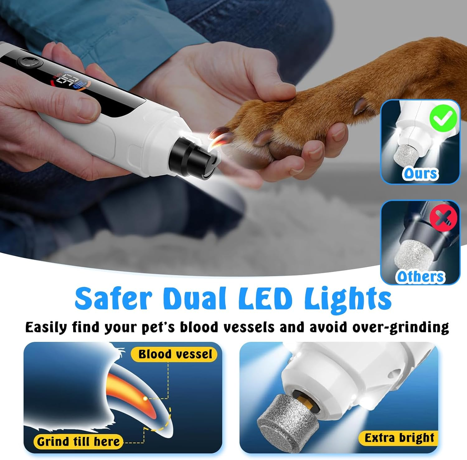 Dog Nail Grinder Rechargeable, 6-Speed Quiet Pet Nail Grinder with 2 LED Lights for Large Medium Small Dogs/Cats, Professional 12000RPM 3 Grinding Ports Paw Grooming Supplies Kit, 2 Grinding Wheels image number 5